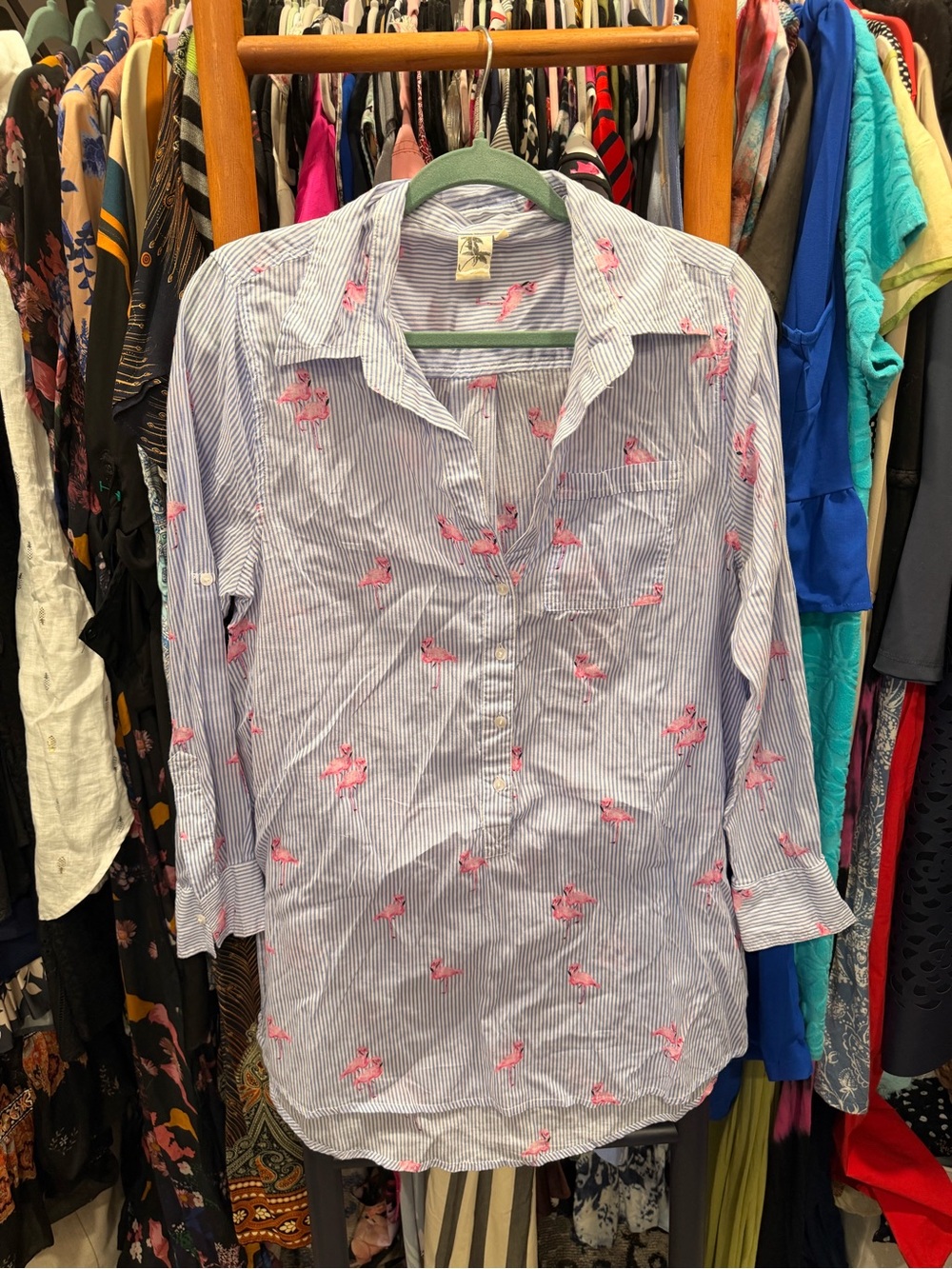 Women’s Striped Button-Down Shirt/Dress with Pink Flamingo Print